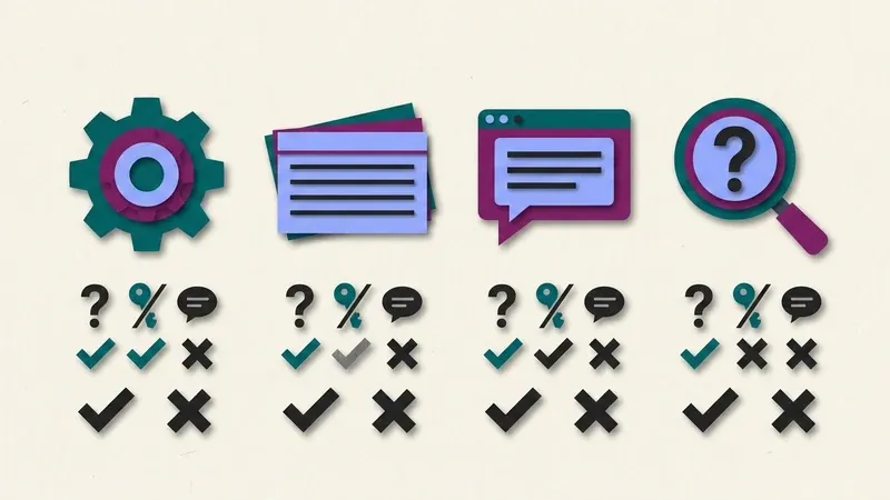 Four InQuizitive tool categories, a gear, a stack of flashcards, a chat bubble and a magnifying glass over a question mark, each checked against three criteria: reads your actual question, needs no answer key, and includes reasoning