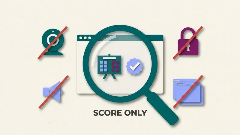 A magnifying glass over a browser window, focused on a score and checkmark icon, while a crossed-out webcam, microphone, lockdown-browser lock and stacked-tabs icon sit outside the lens, labeled score only