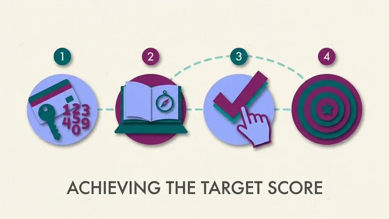 Four paper-cut icons connected by a dashed line: an access key card, an open book, a hand clicking a checkmark, and a target, representing the InQuizitive flow from getting in to reaching your Target Score