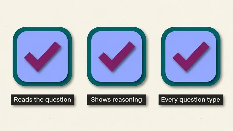 Three paper-cut checkmark badges labeled reads the question, shows reasoning, and every question type, summarizing what QuizSparrow handles well